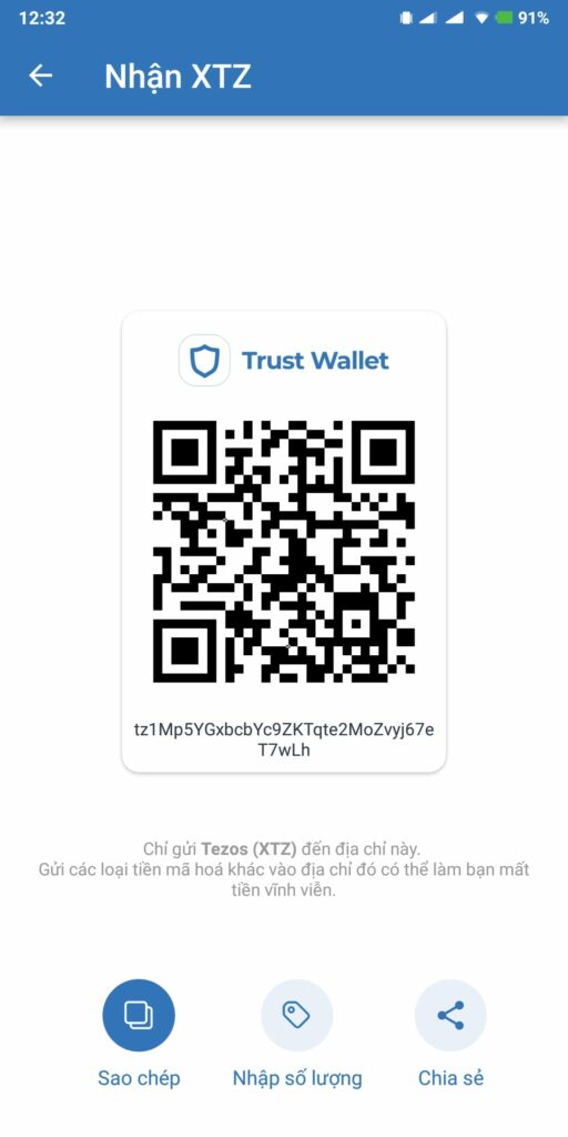 Cách lấy địa chỉ XTZ Trust Wallet