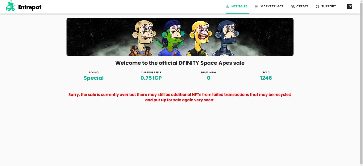 Entrepot Marketplace: Bán công khai Dfinity Space Apes đã kết thúc 