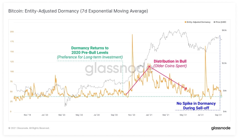 Biểu đồ Bitcoin: Entity Adjusted Dormancy (Nguồn: insights.glassnode.com)