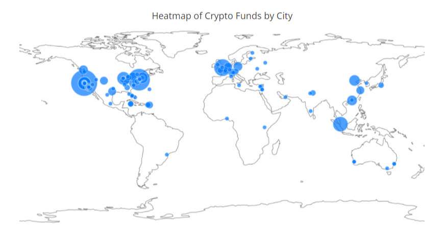 Bản đồ phân bổ của Quỹ tiền điện tử theo các thành phố (nguồn Crypto Fund Resaerch)