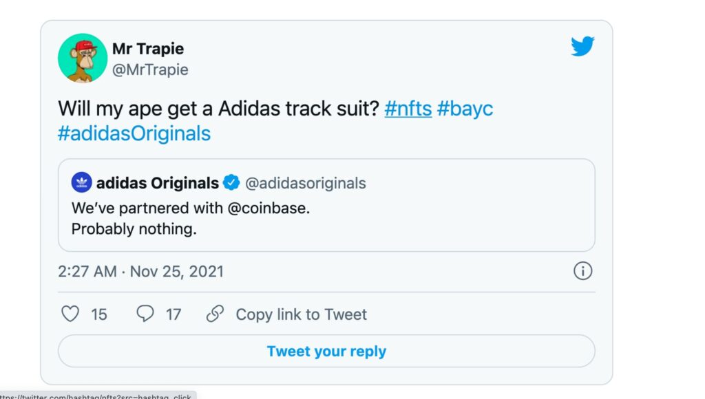 Tweet của Coinbase chào mừng Adidas
