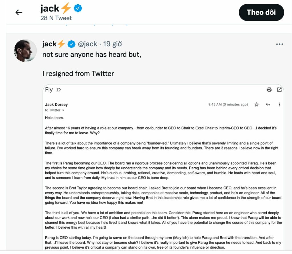Tweet của Jack Dorsey khẳng định làm việc trên Bitcoin