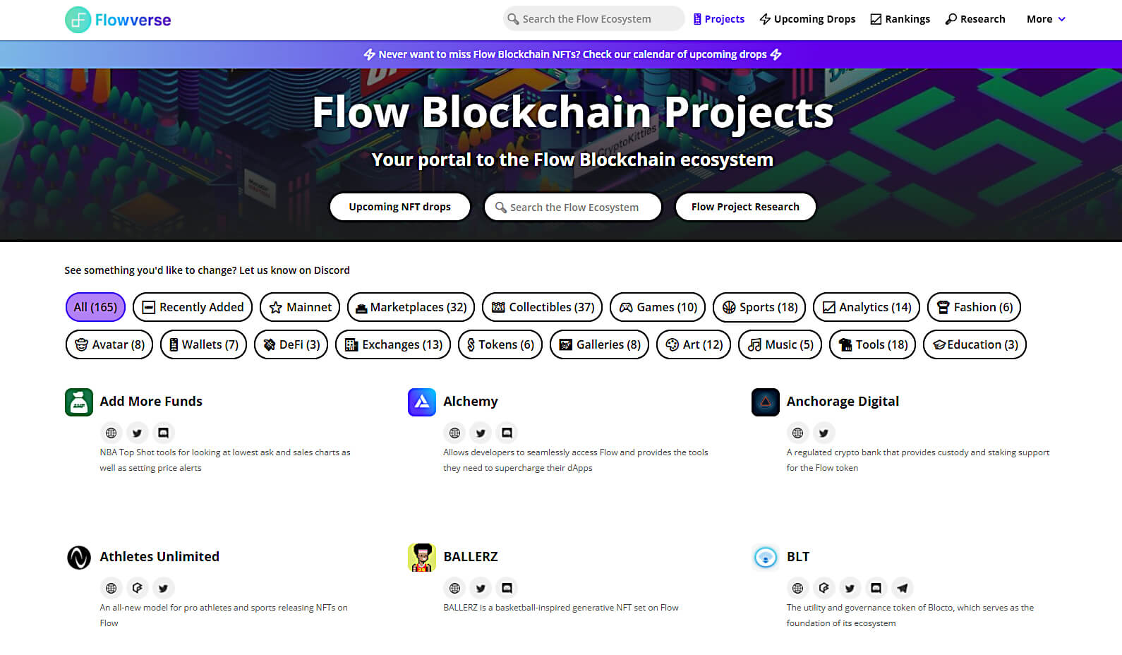 Danh sách các dự án trên Flow Blockchain. Nguồn: Flowverse