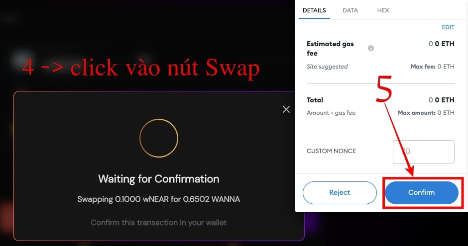 Xác nhận giao dịch swap trên WannaSwap