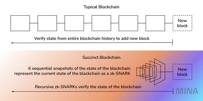 Representation of how the Mina blockchain implements zk-SNARKs.