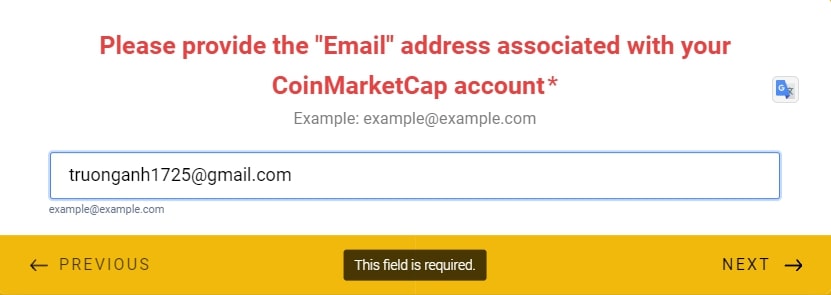 Điền Email đăng ký Coinmarketcap