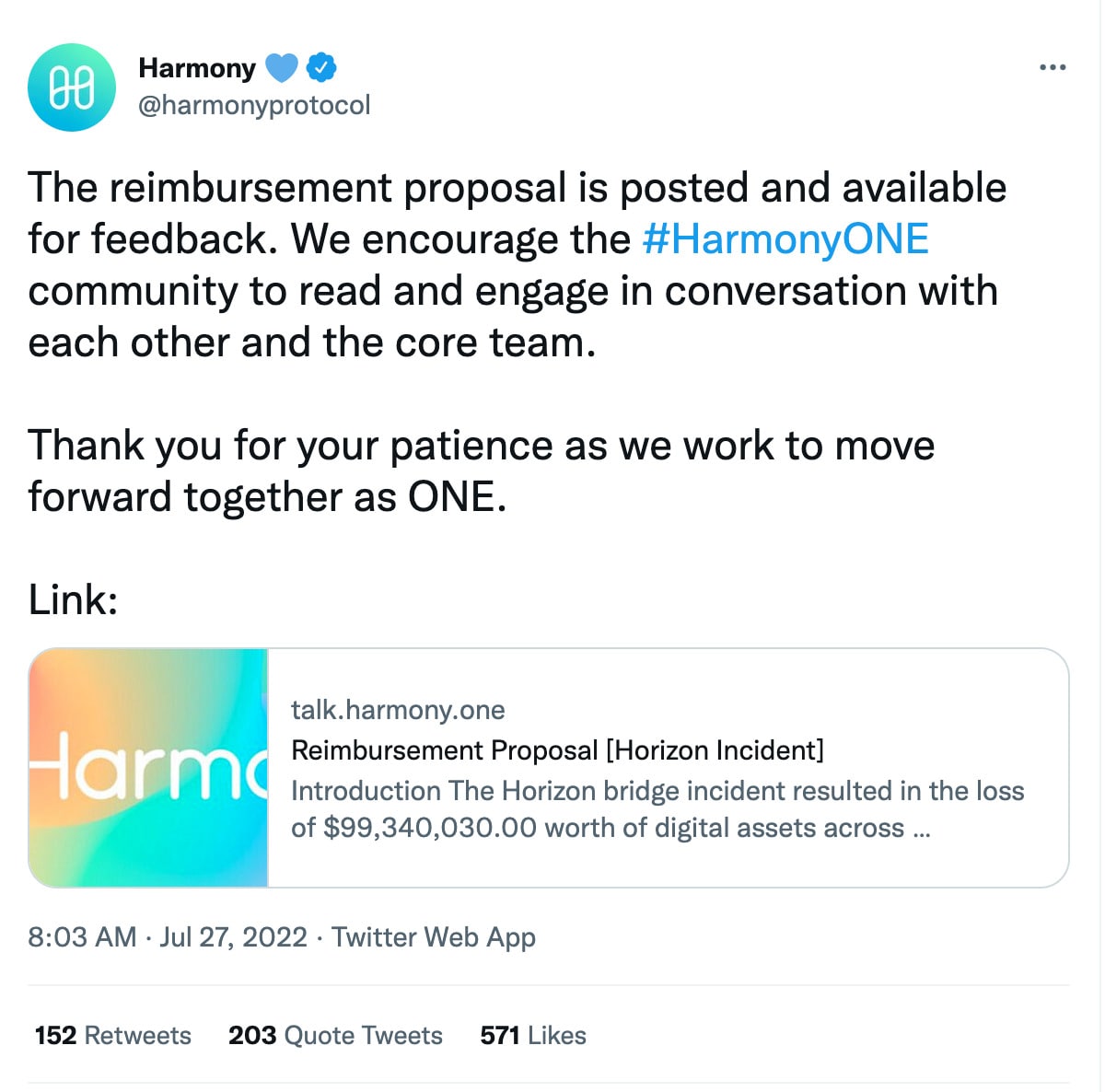 Harmony đưa ra đề xuất bồi thường cho người dùng thiệt hại sau vụ hack