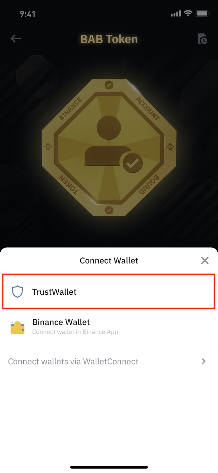 nhấp vào Trust Wallet để kết nối ví