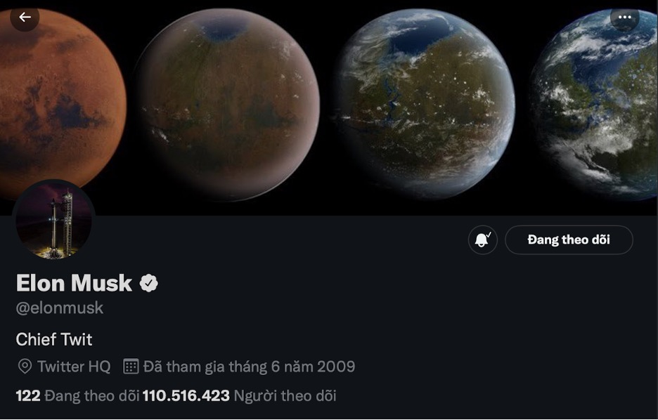 Elon Musk đăng tải Bio mới trên trang Twitter của mình