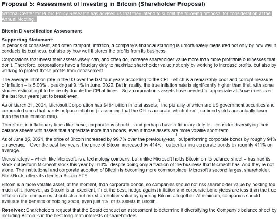  Microsoft Tuyên bố hỗ trợ của NCPPR đối với việc Microsoft tiến hành đánh giá đầu tư vào Bitcoin. Nguồn: SEC 