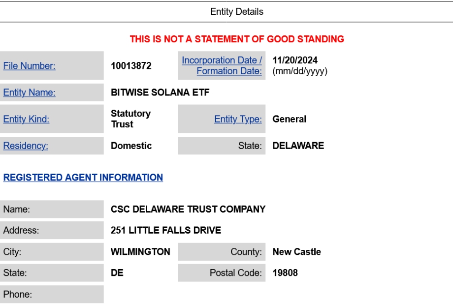 Thông tin Solana ETF của Bitwise (Nguồn:  Cục quản lý doanh nghiệp Delaware)