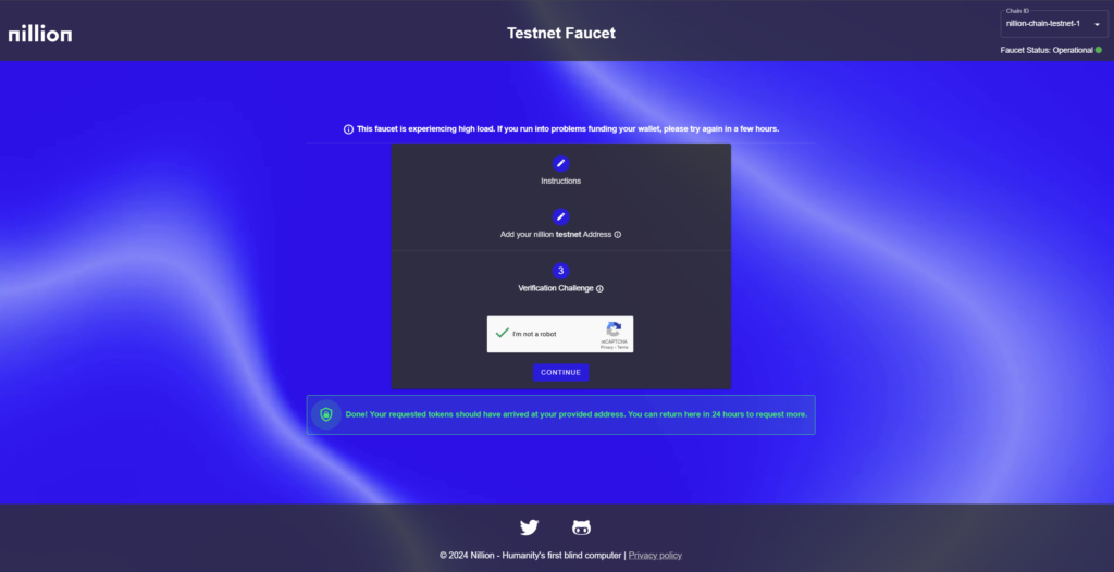 Faucet thanh cong token testnet cua Nillion