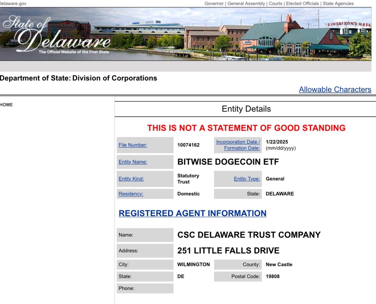 Hồ sơ đăng ký DOGE ETF tại Delaware (Nguồn: Bang Delaware)