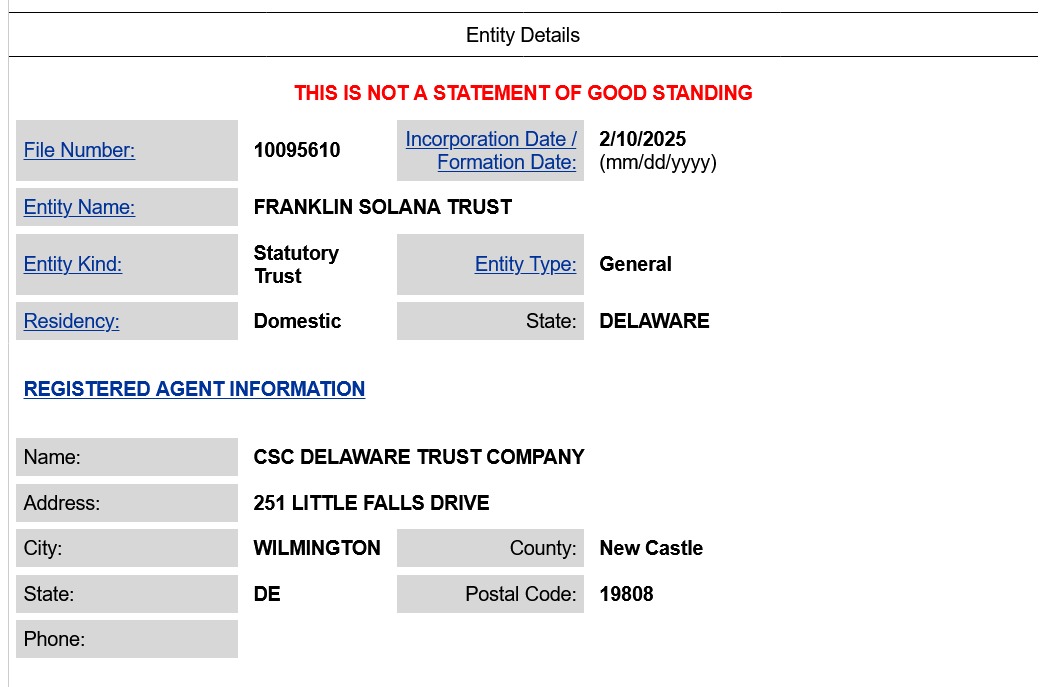 Chi tiết đơn xin xét duyệt Franlin Solana Trust (Nguồn: Bang Delaware)